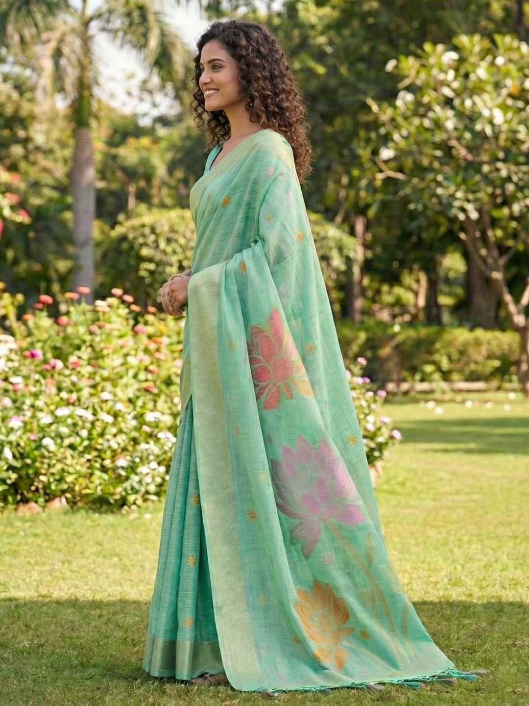 Sea Green Floral Linen Cotton Saree