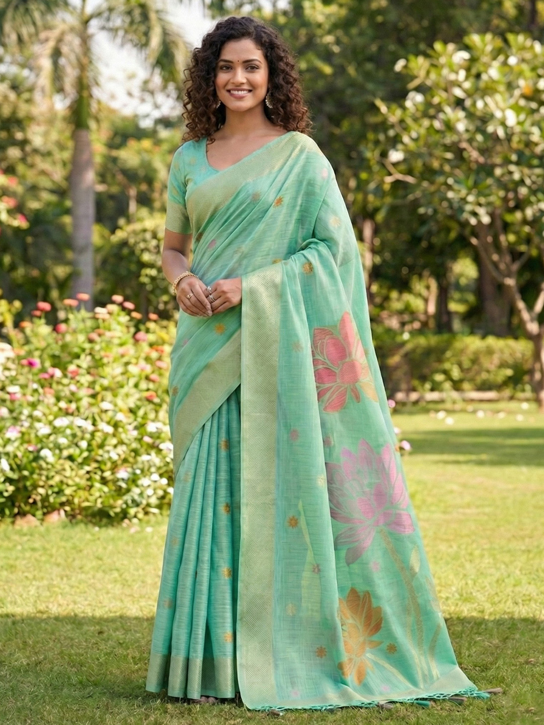 Sea Green Floral Linen Cotton Saree