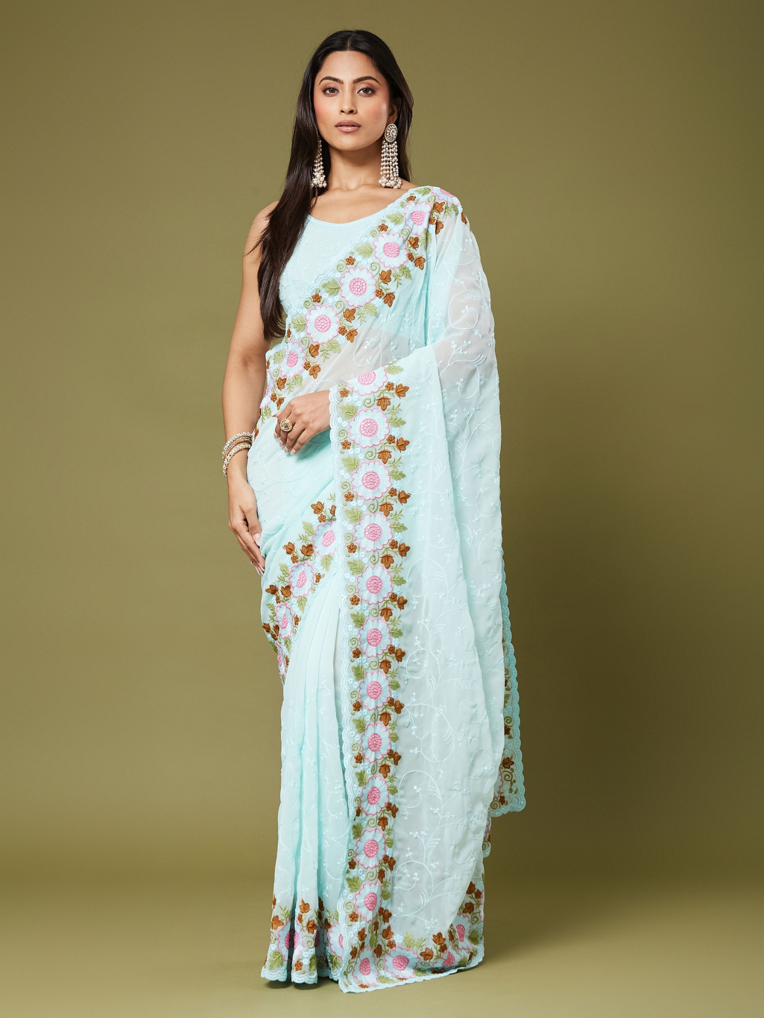 Sea Green Floral Multi Thread Moss Chiffon Saree