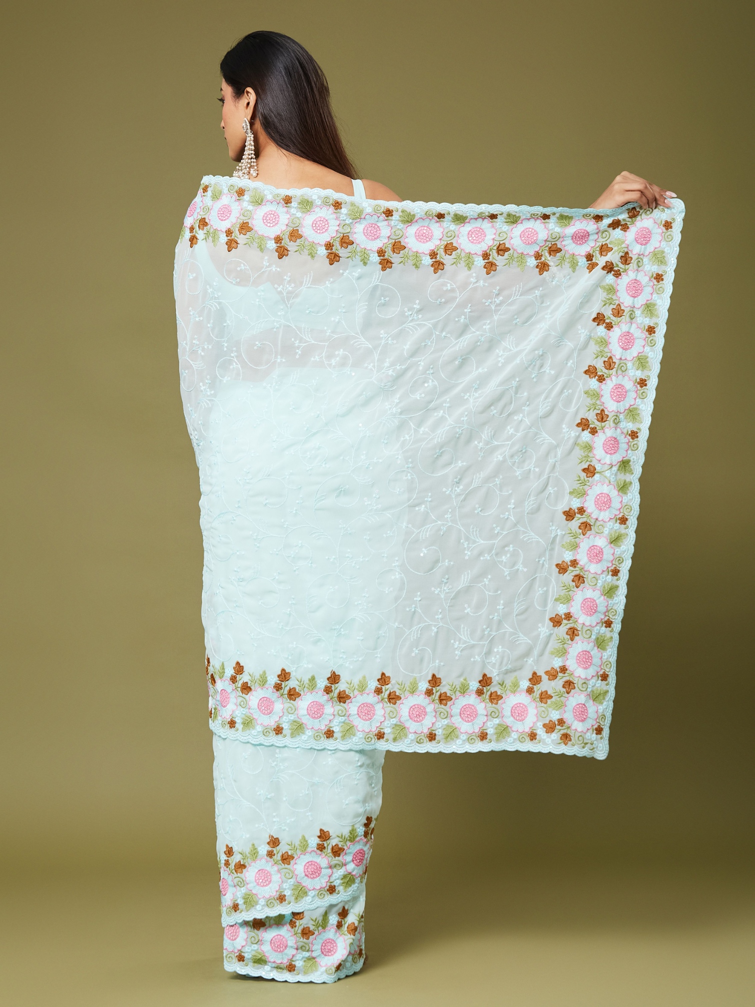 Sea Green Floral Multi Thread Moss Chiffon Saree — alternate view