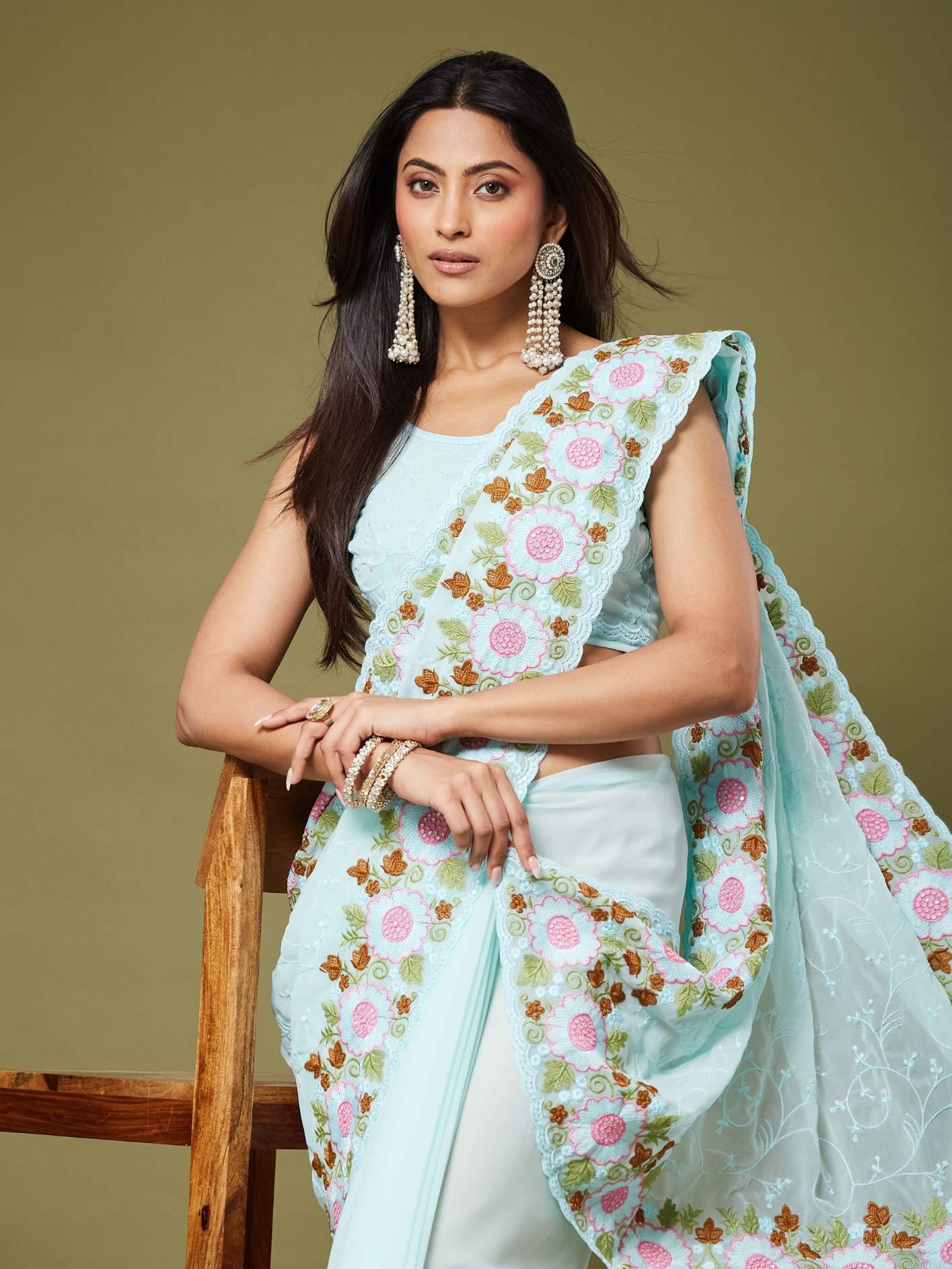 Sea Green Floral Multi Thread Moss Chiffon Saree