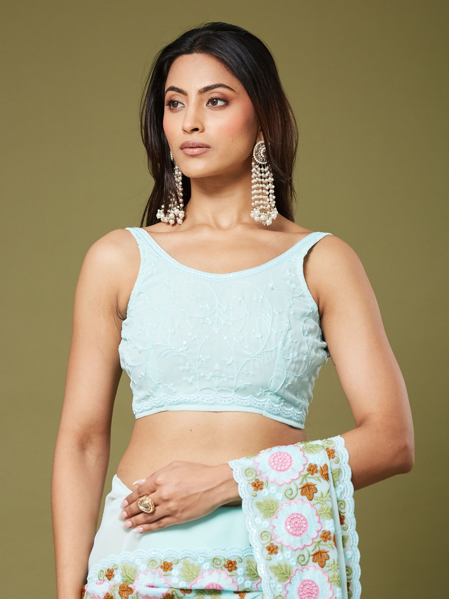 Sea Green Floral Multi Thread Moss Chiffon Saree