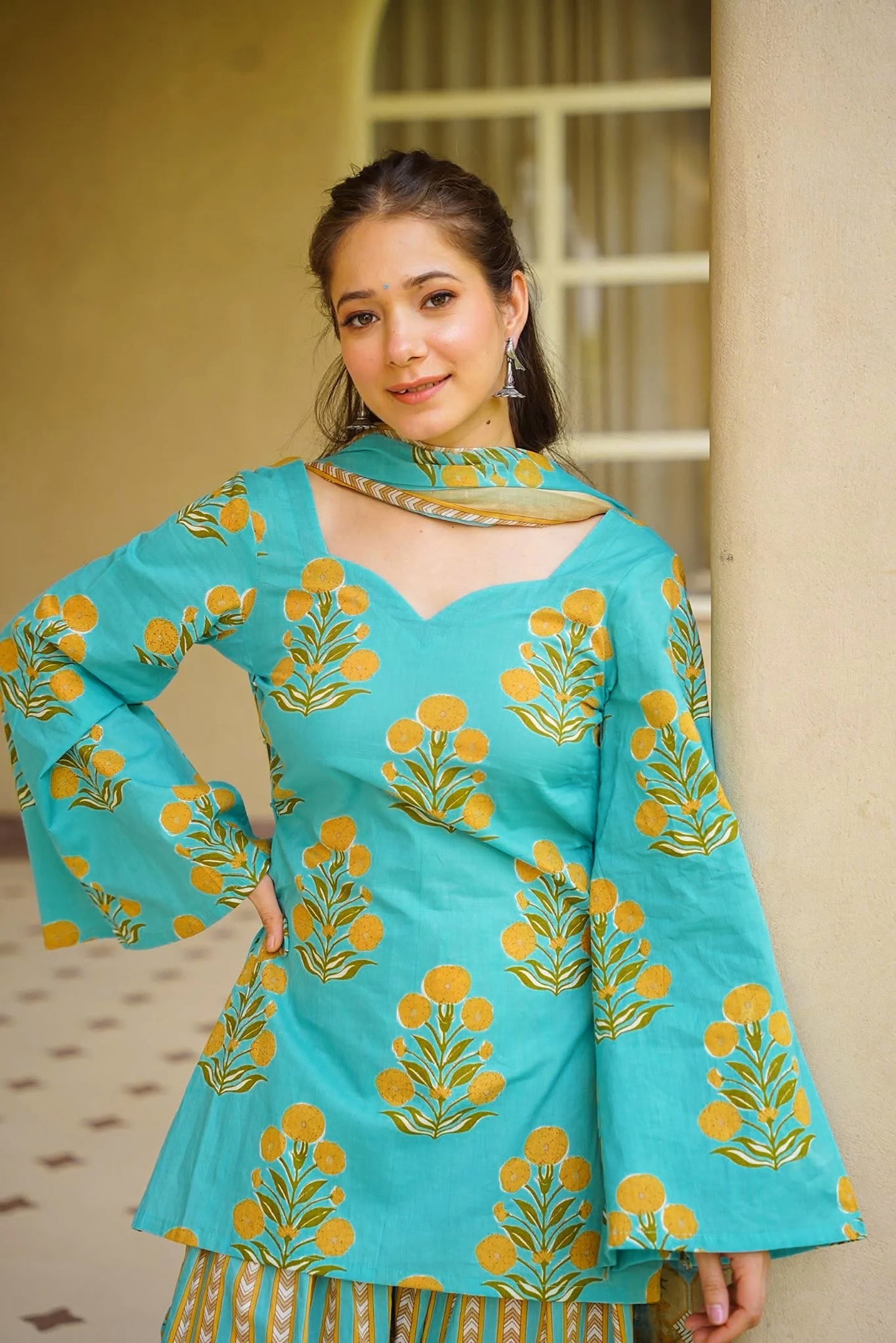 Sea Green Floral Printed Cambric Cotton Kurta Set