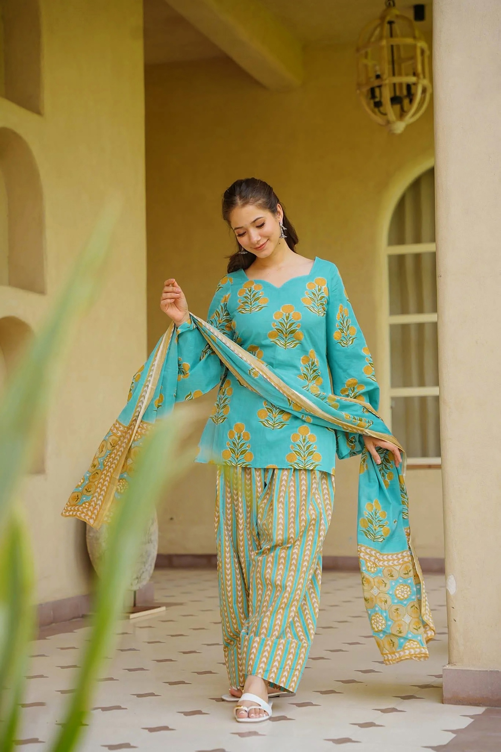 Sea Green Floral Printed Cambric Cotton Kurta Set