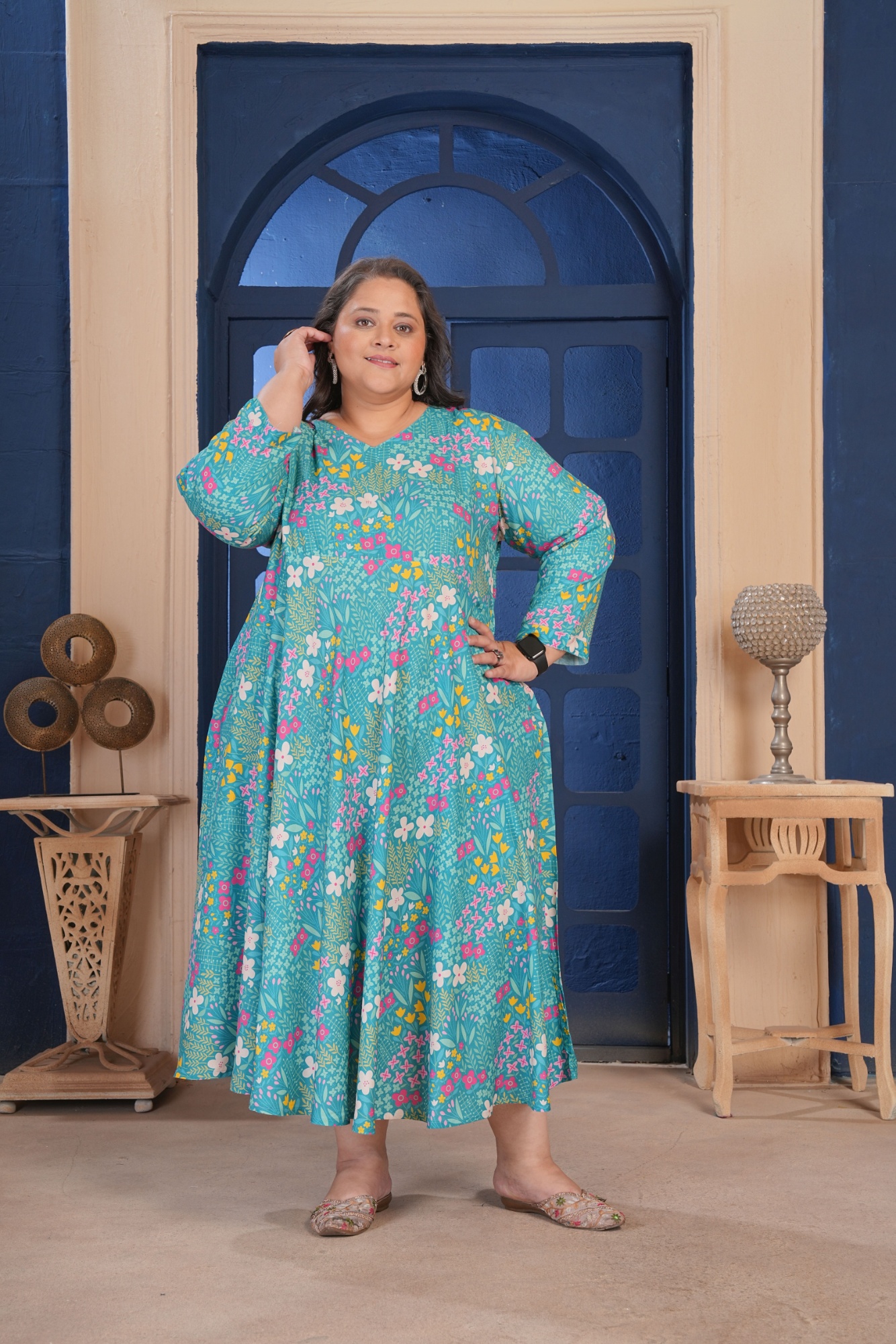 Sea Green Floral Printed Rayon Plus Size Kurti