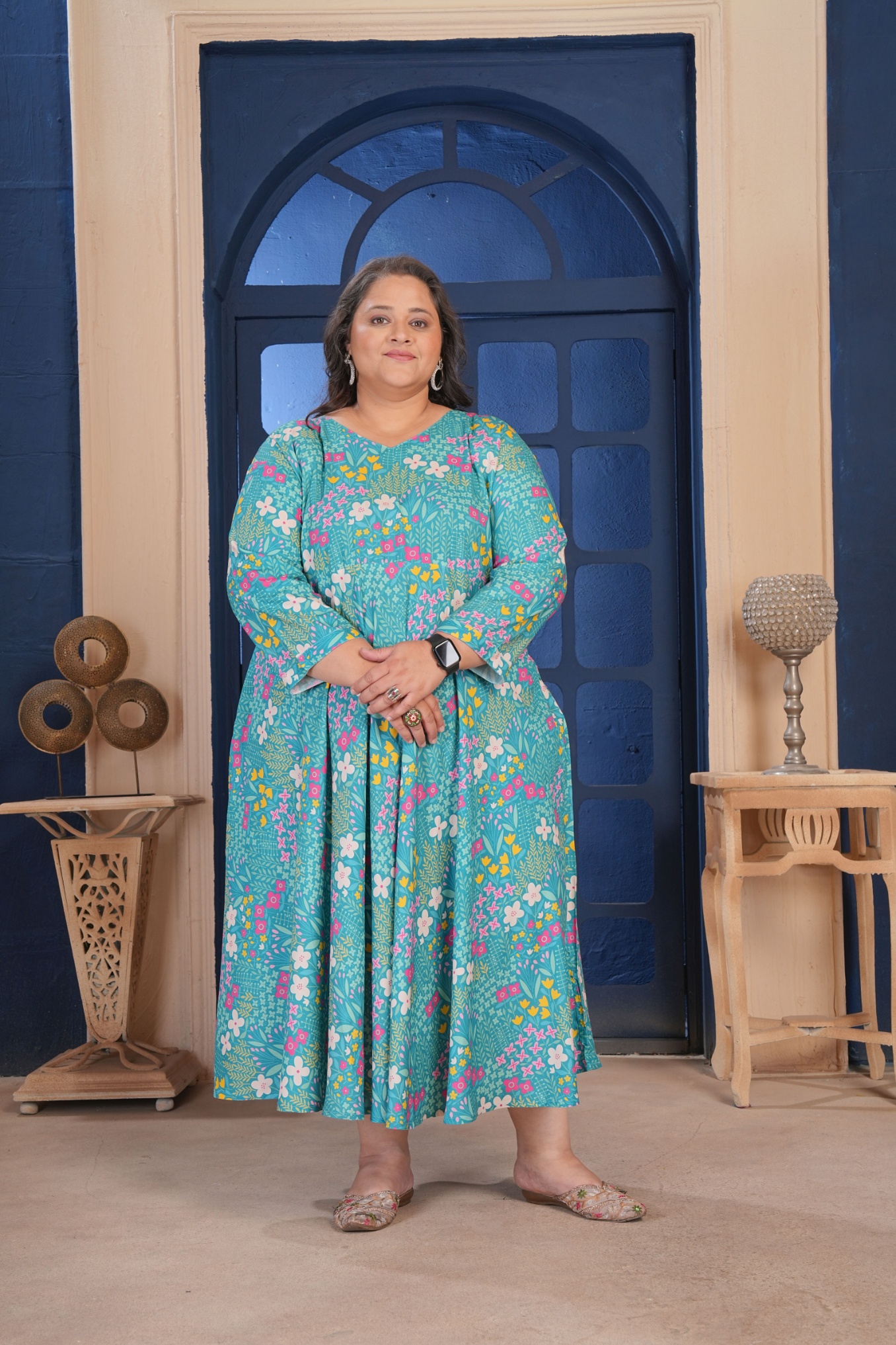 Sea Green Floral Printed Rayon Plus Size Kurti