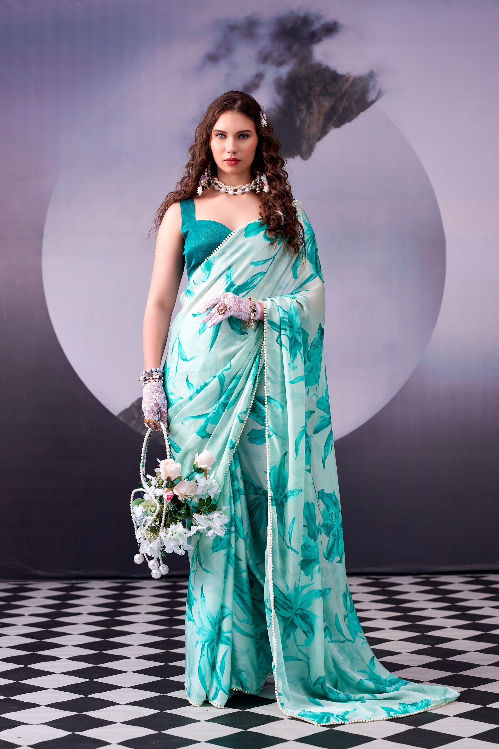 Sea Green Floral Printed Satin Silk Saree