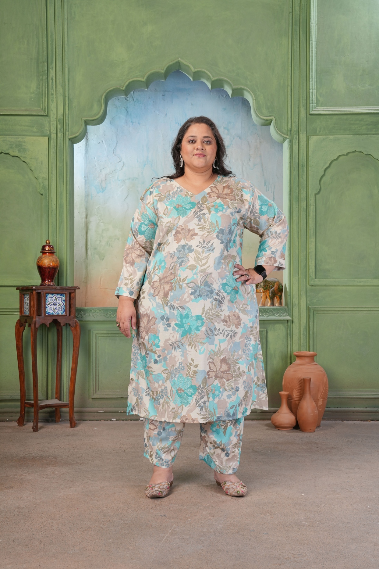 Sea Green Floral Rayon Slub Kurta Set