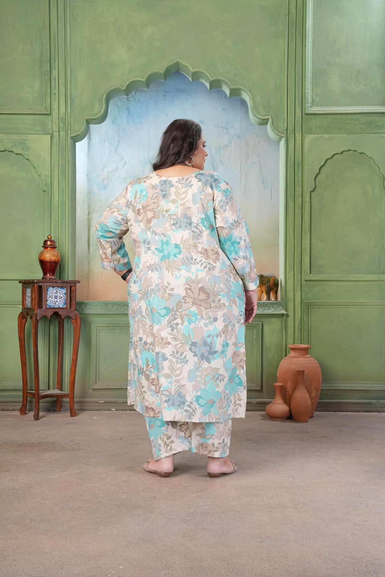 Sea Green Floral Rayon Slub Kurta Set — alternate view