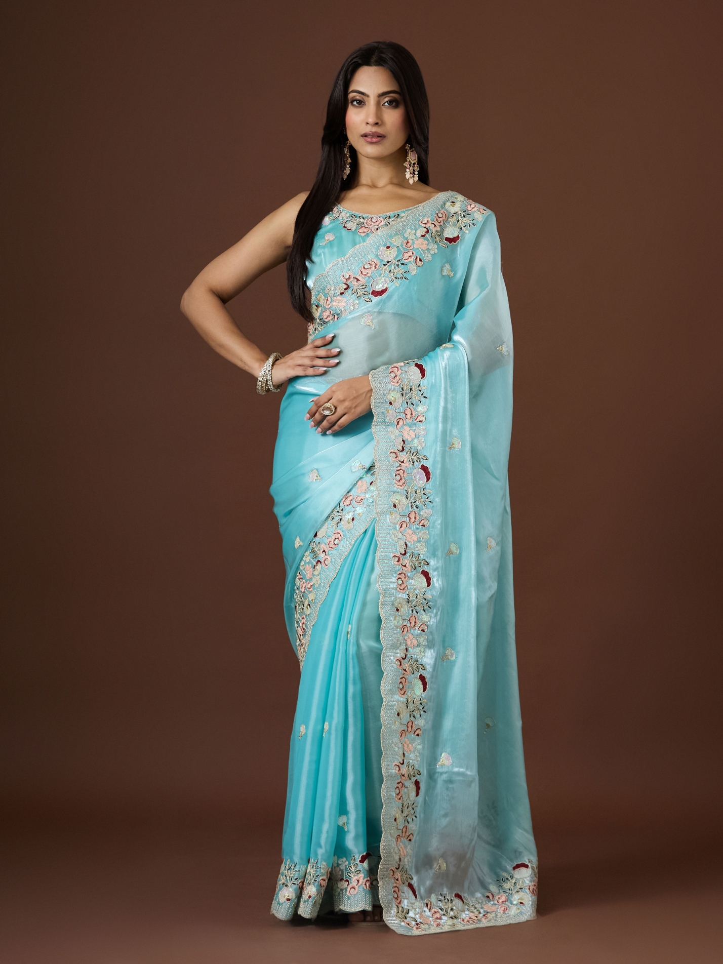Sea Green Floral Thread Embroidery Jimmy Choo Saree