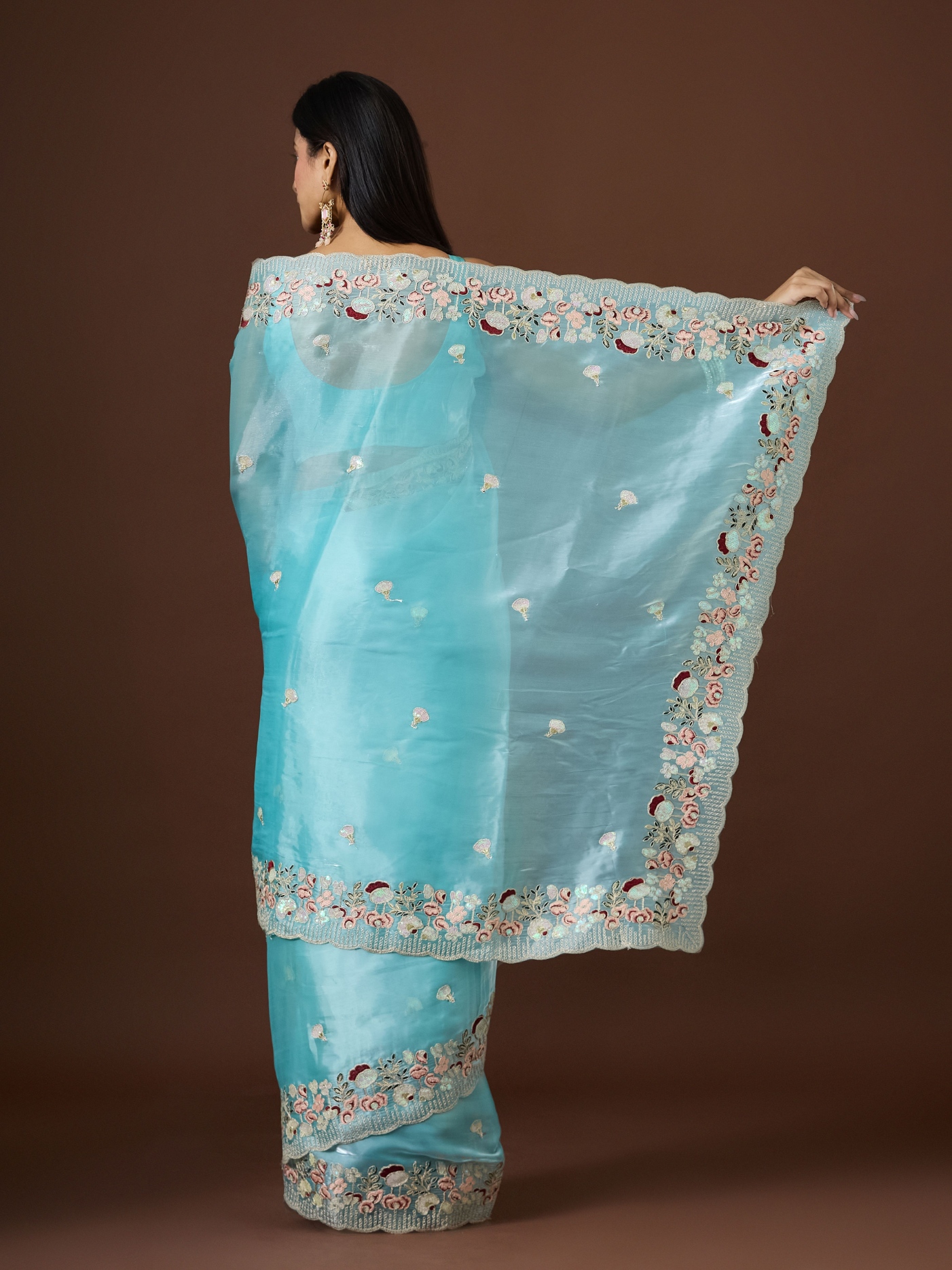 Sea Green Floral Thread Embroidery Jimmy Choo Saree — alternate view