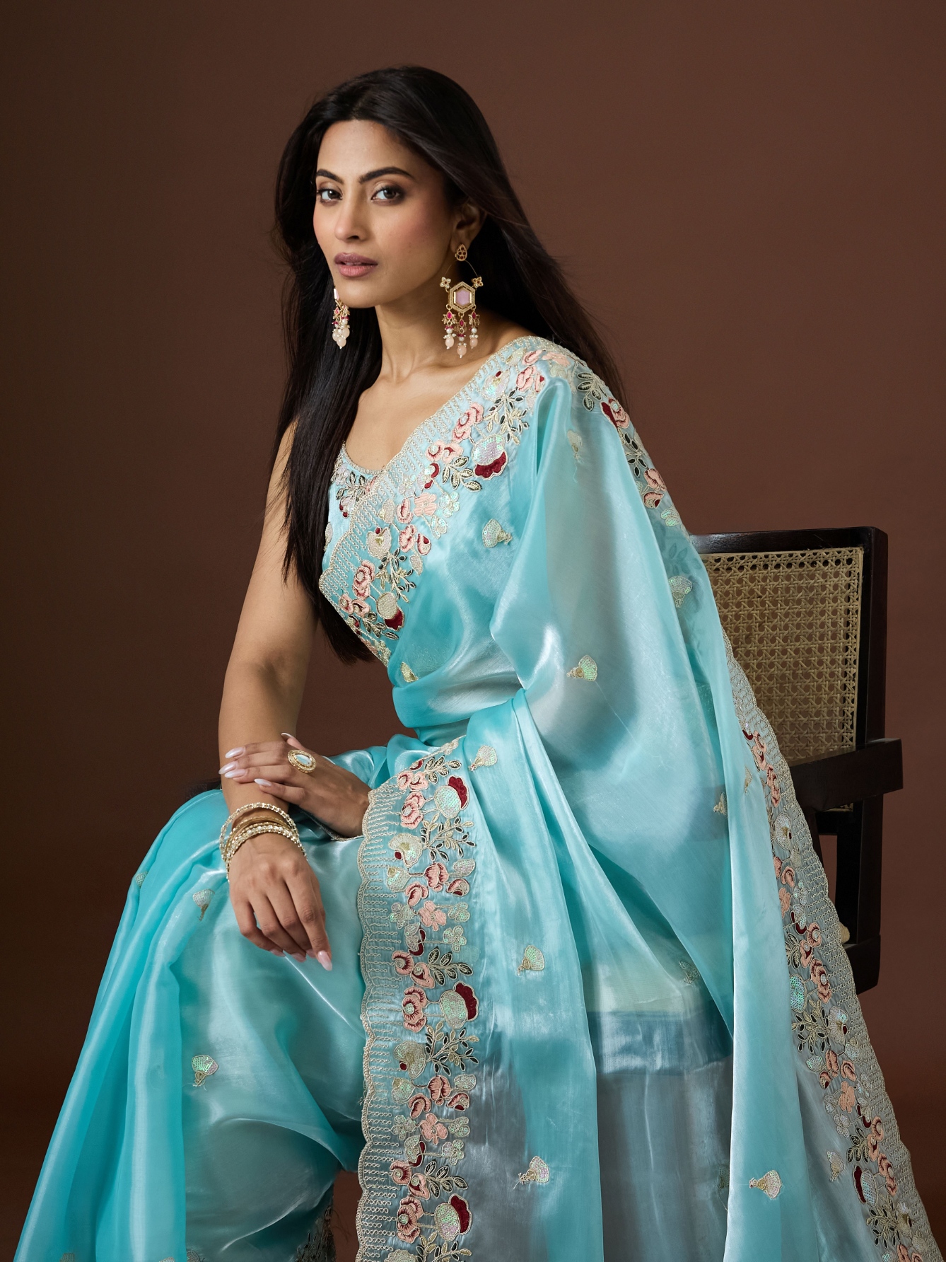 Sea Green Floral Thread Embroidery Jimmy Choo Saree