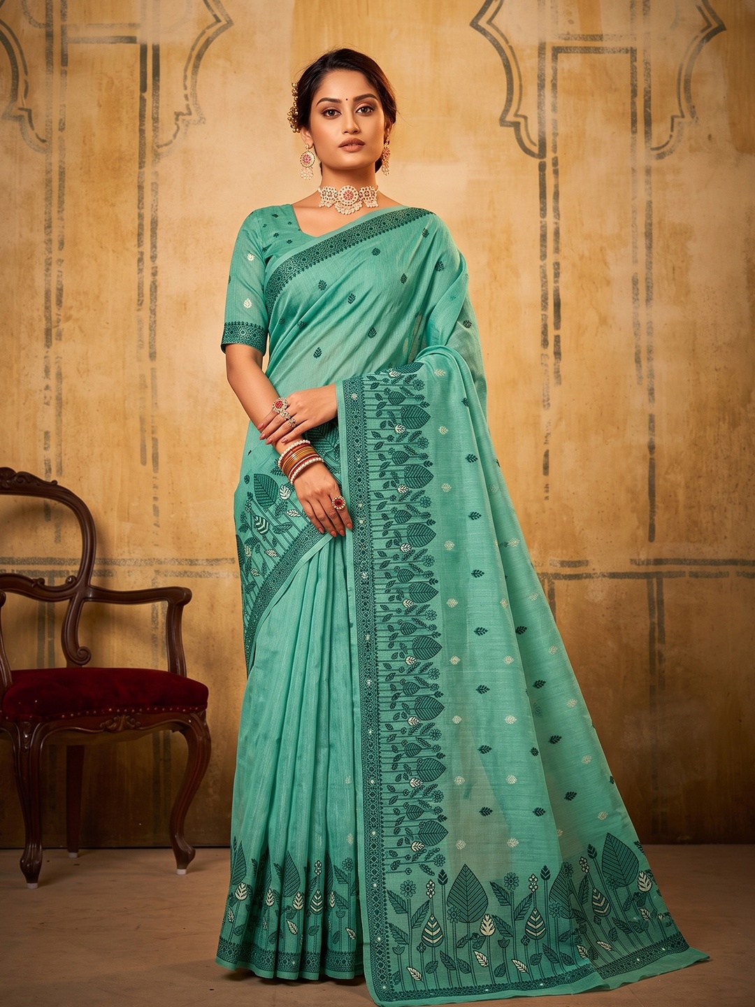 Sea Green Floral Weaving Cotton Designer Saree
