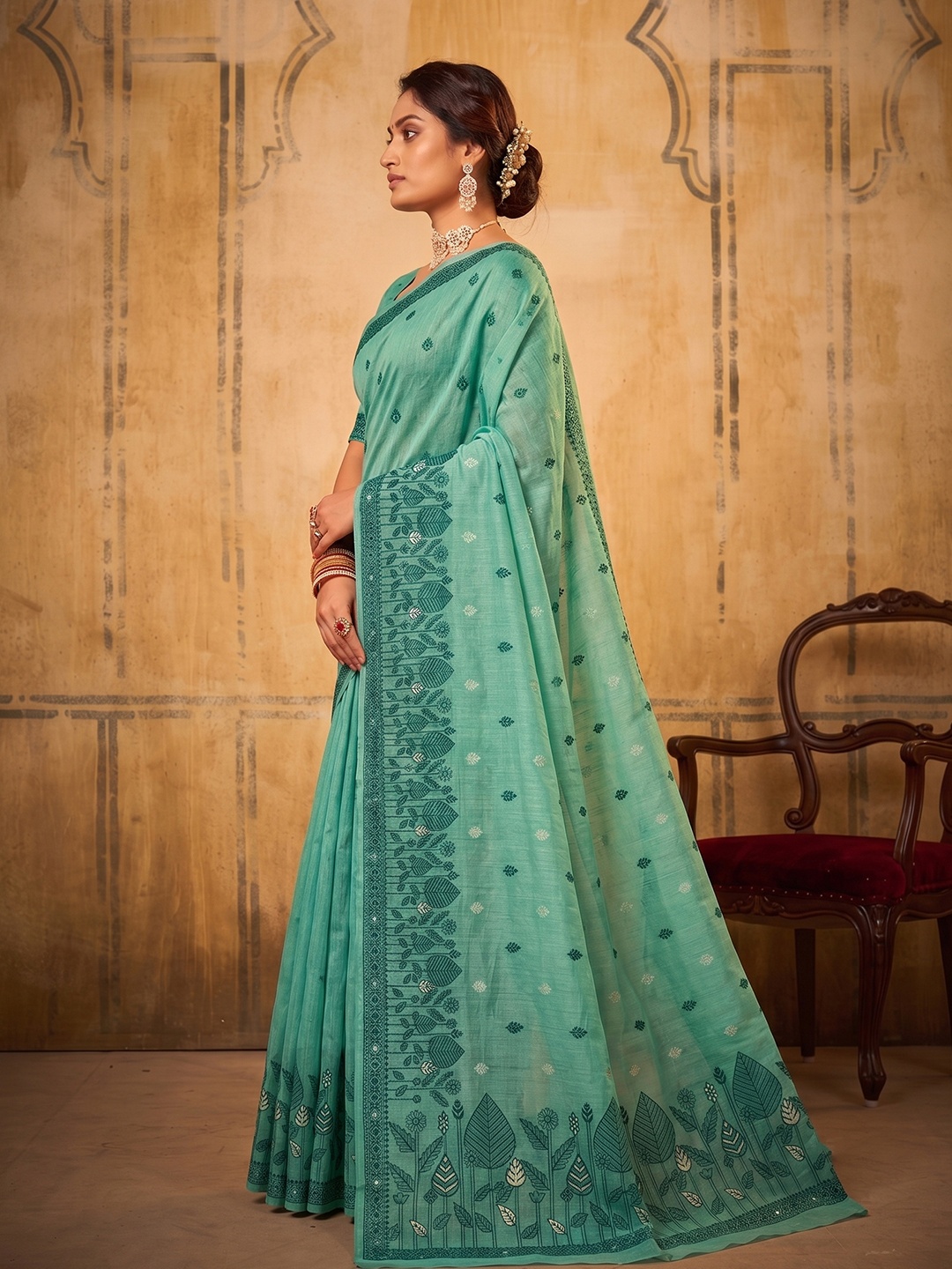 Sea Green Floral Weaving Cotton Designer Saree