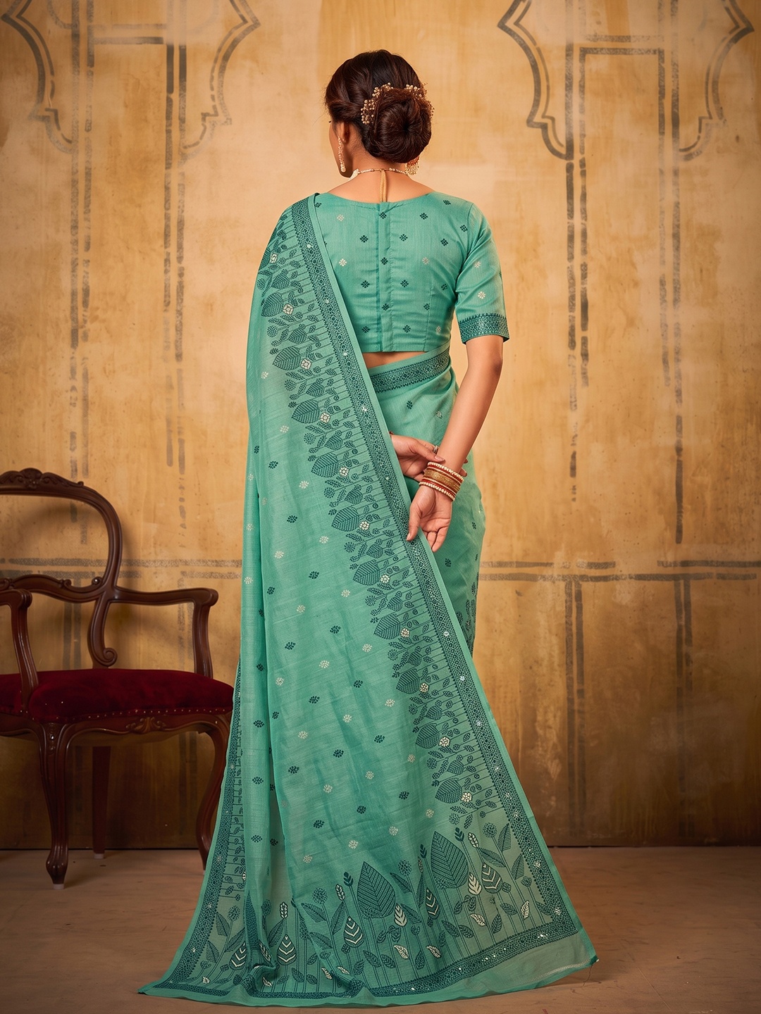 Sea Green Floral Weaving Cotton Designer Saree