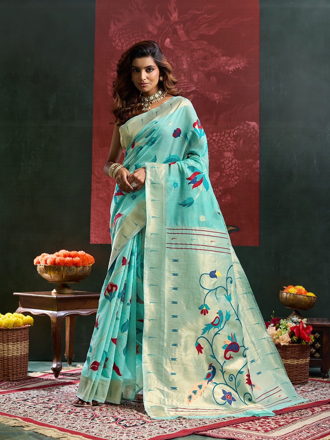 Sea Green Floral Woven Cotton Silk Saree