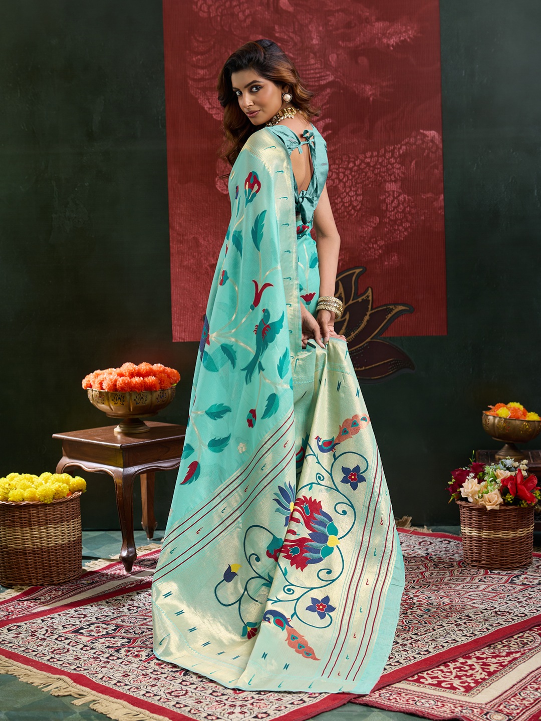 Sea Green Floral Woven Cotton Silk Saree — alternate view