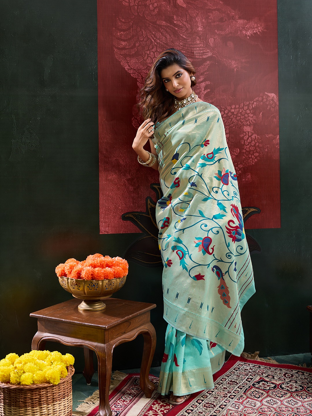 Sea Green Floral Woven Cotton Silk Saree