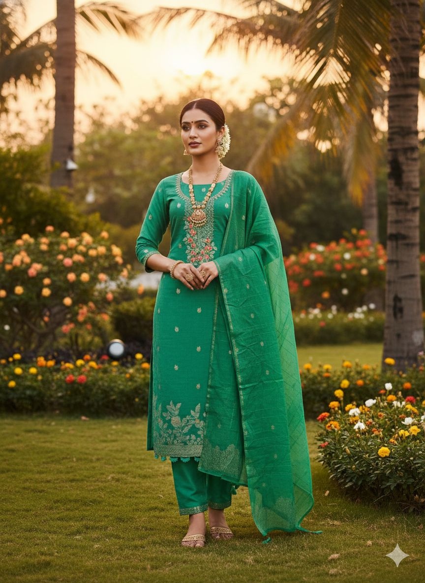 Sea Green Floral Woven Dani Cotton Salwar Suit