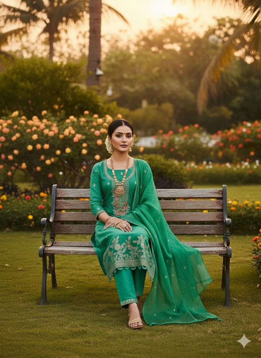Sea Green Floral Woven Dani Cotton Salwar Suit — alternate view