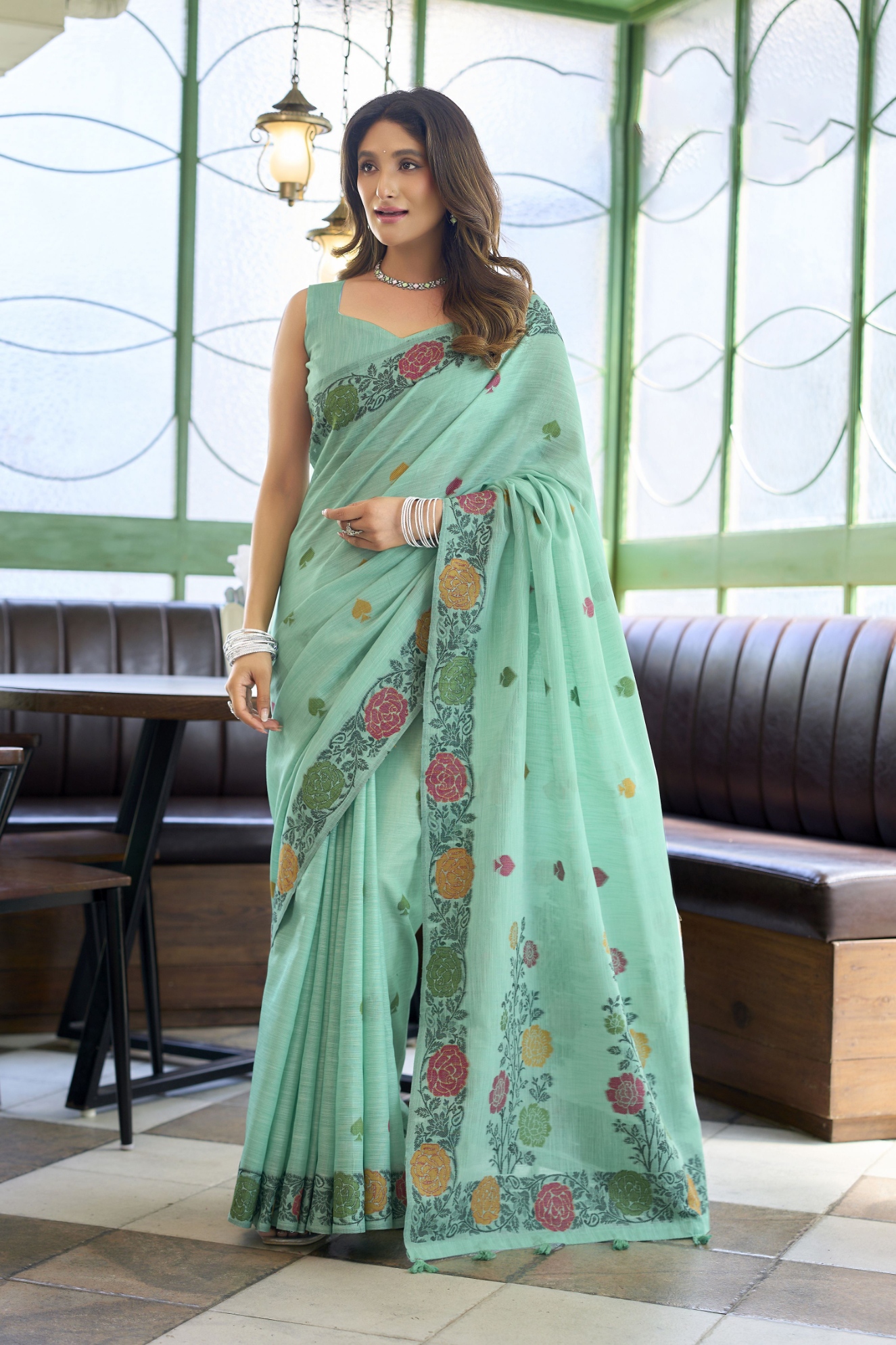 Sea Green Floral Woven Jacquard Handloom Linen Saree