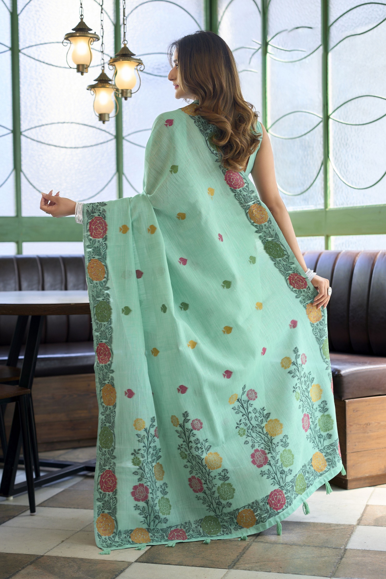 Sea Green Floral Woven Jacquard Handloom Linen Saree — alternate view