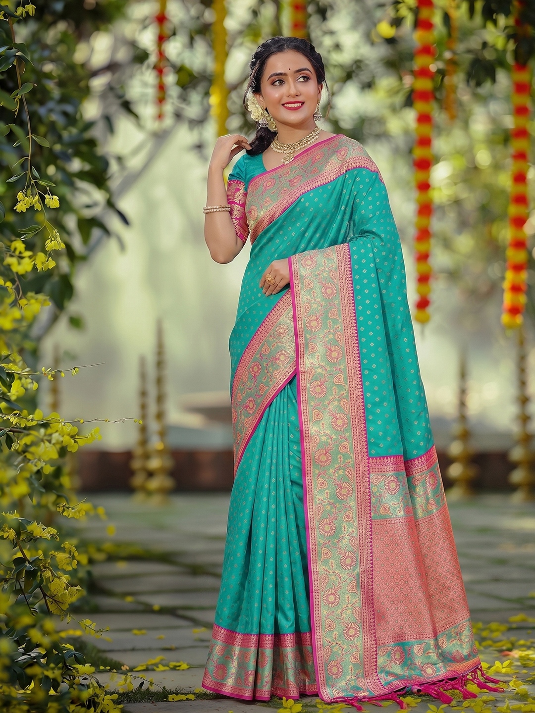 Sea Green Floral Woven Zari Silk Saree