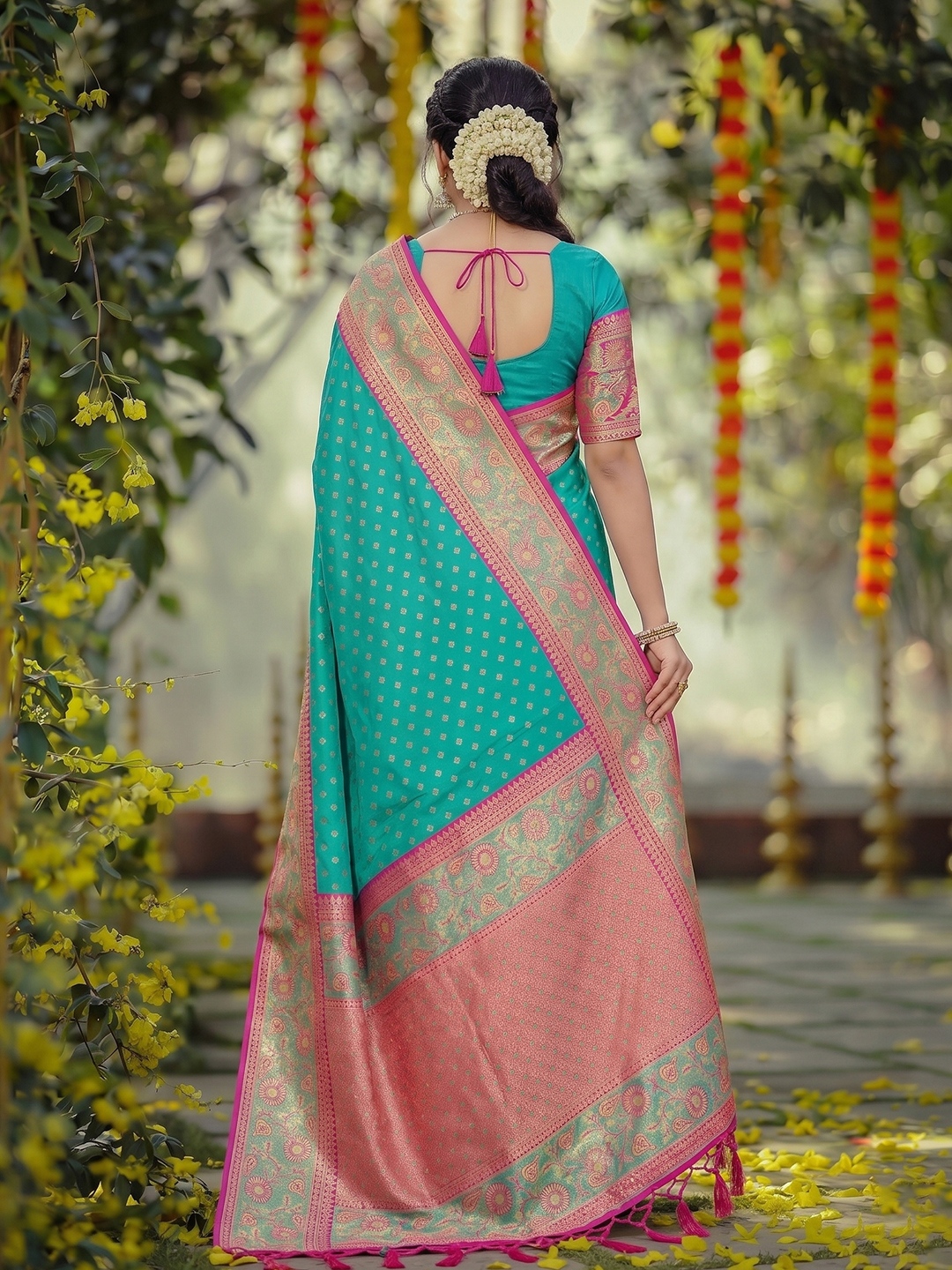 Sea Green Floral Woven Zari Silk Saree — alternate view