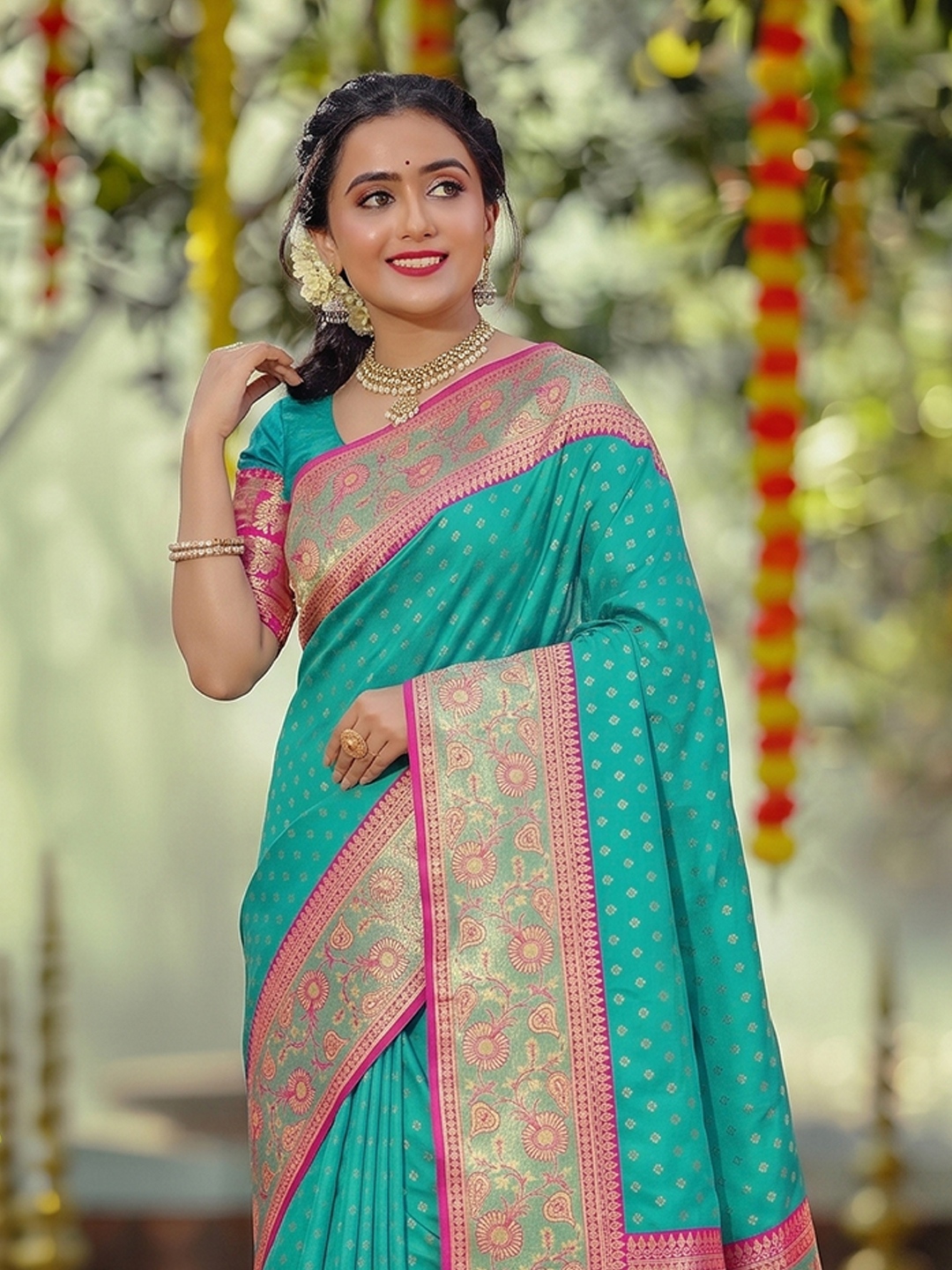 Sea Green Floral Woven Zari Silk Saree