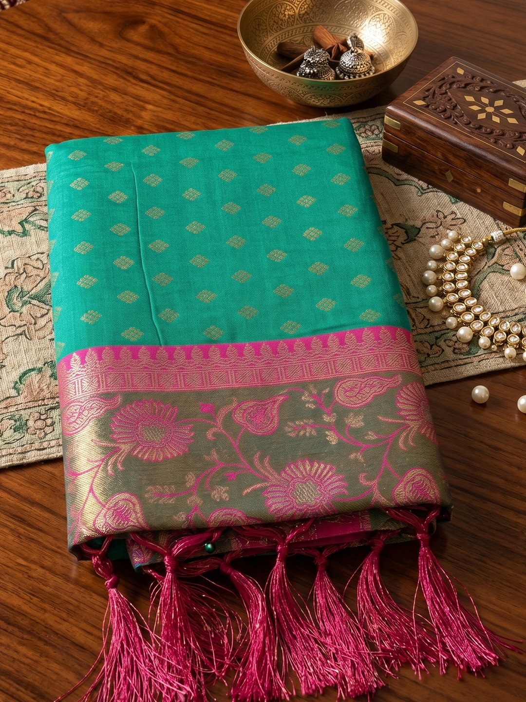 Sea Green Floral Woven Zari Silk Saree