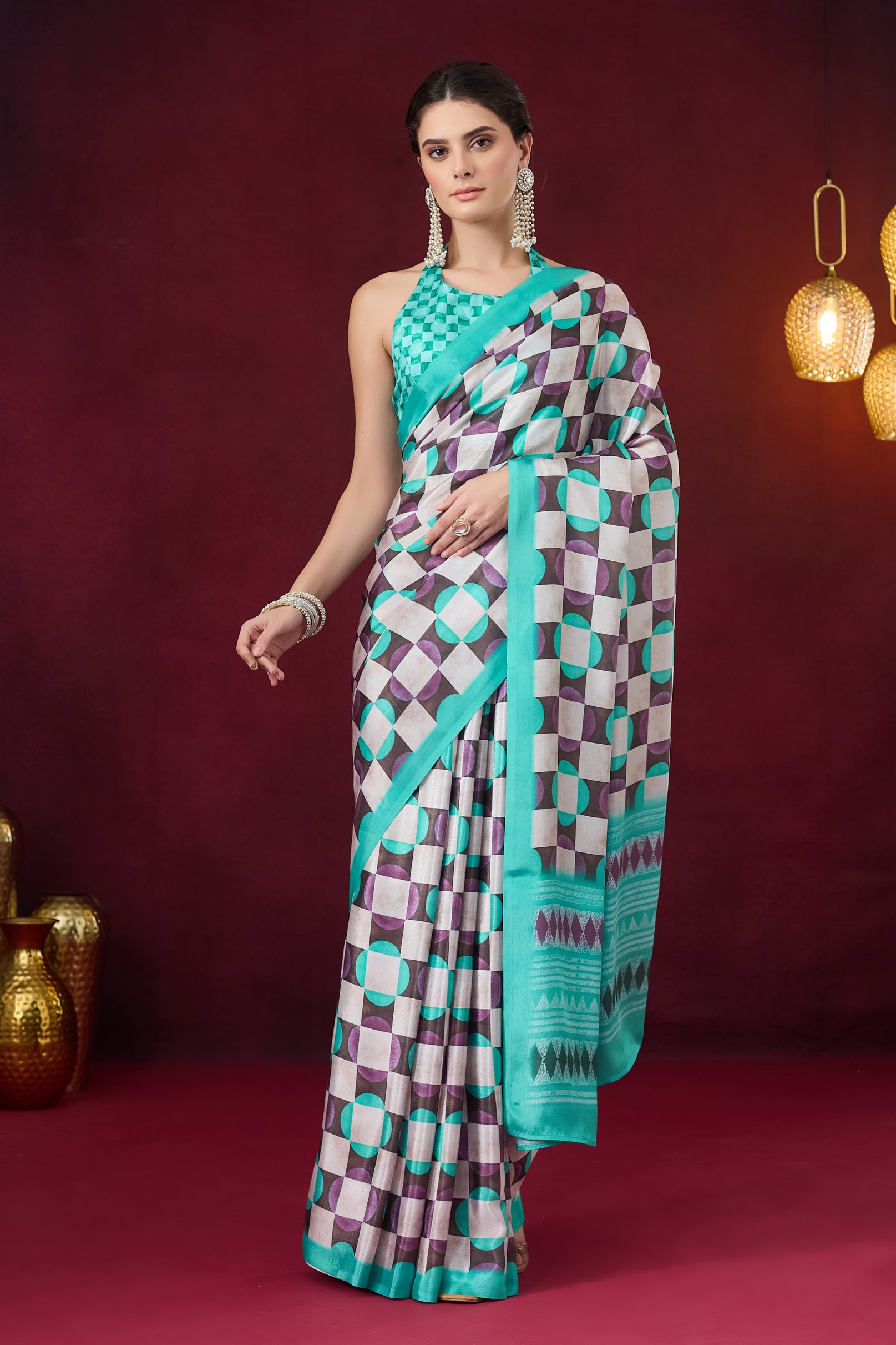 Sea Green Geometric Ready To Wear Saree