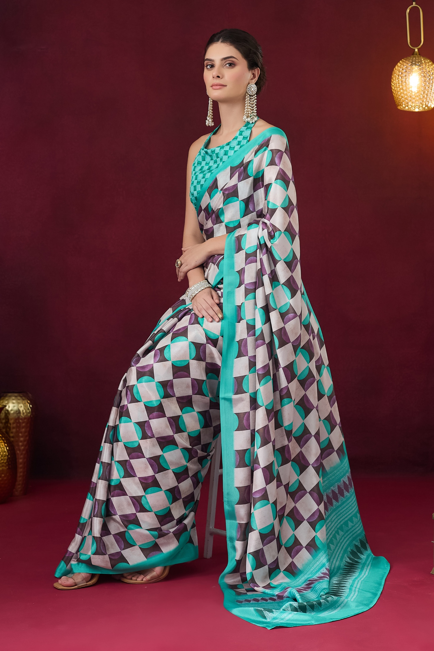 Sea Green Geometric Ready To Wear Saree