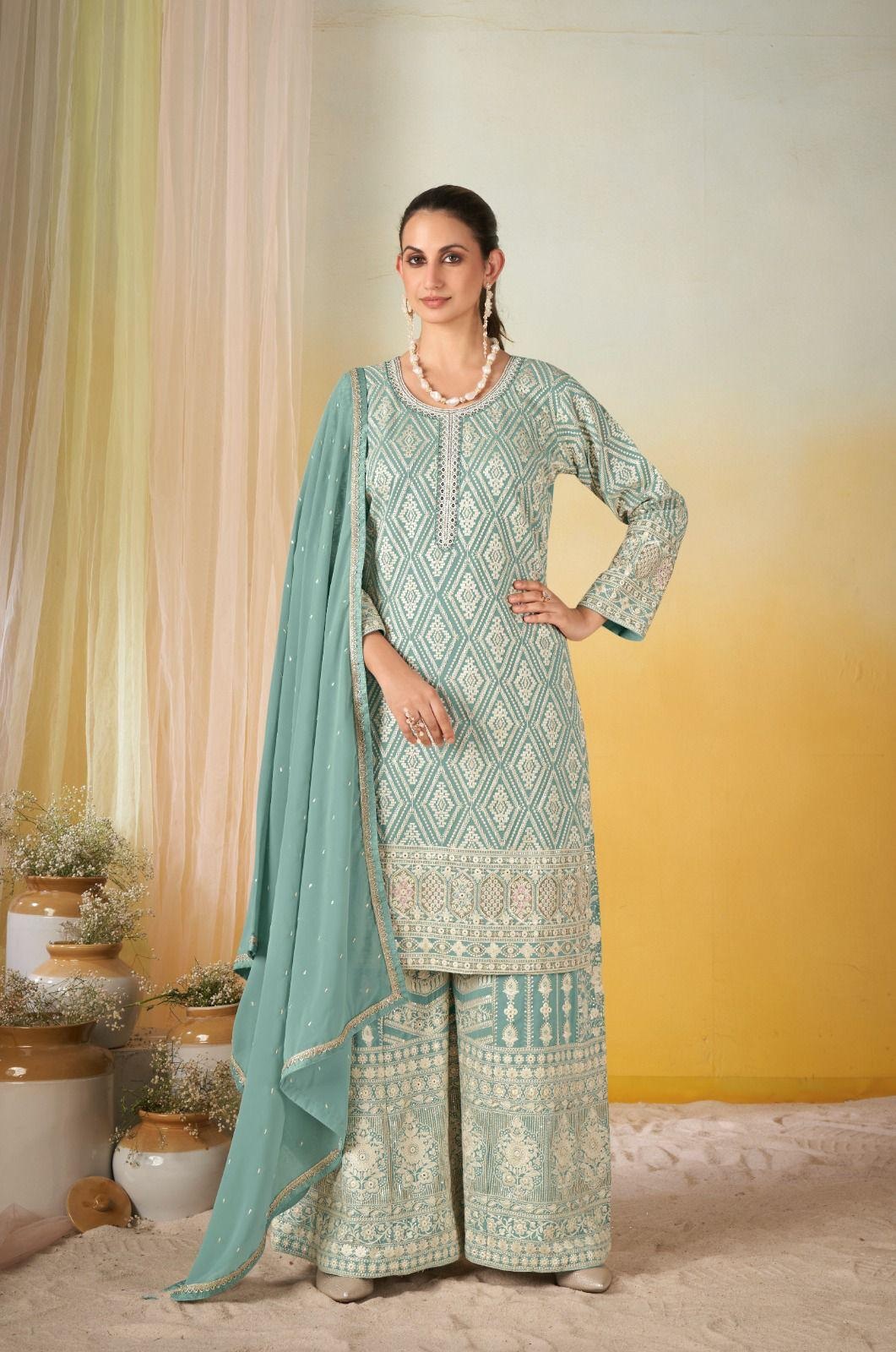 Sea Green Geometric Thread Embroidered Georgette Palazzo Suit