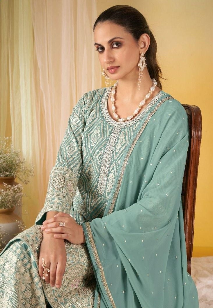 Sea Green Geometric Thread Embroidered Georgette Palazzo Suit — alternate view
