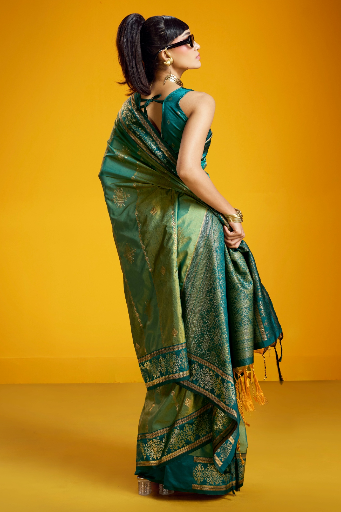 Sea Green Geometric Zari Pure Silk Saree — alternate view