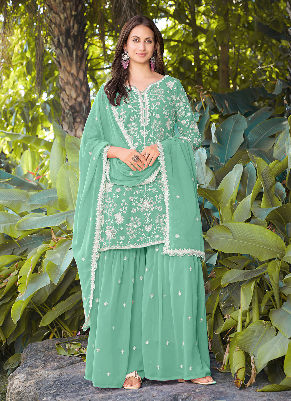 Sea Green Georgette Embroidered Sharara Suit