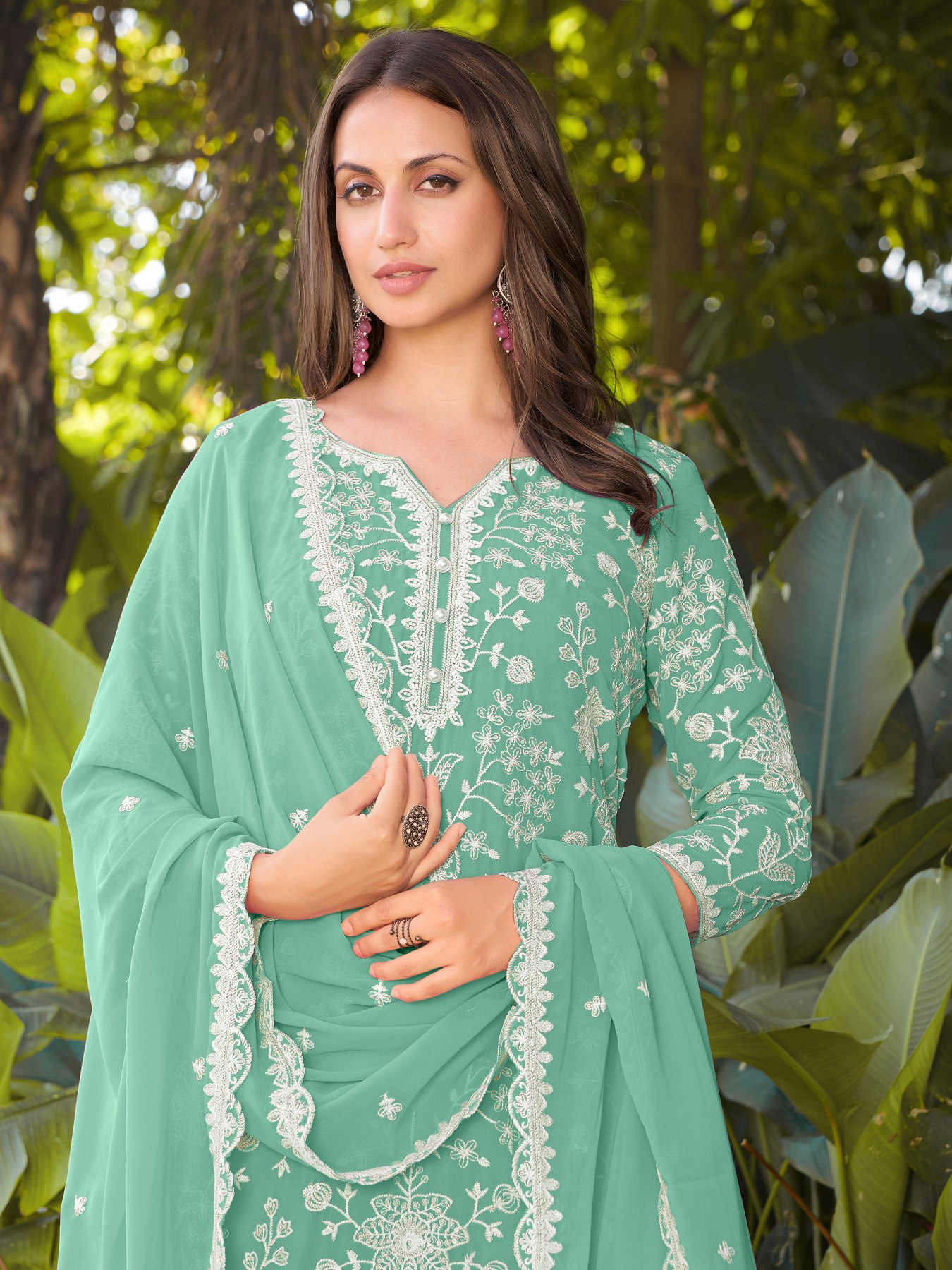 Sea Green Georgette Embroidered Sharara Suit