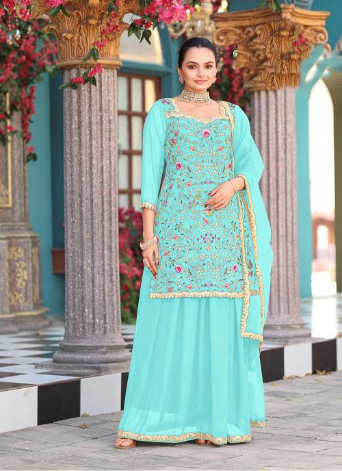 Sea Green Georgette Palazzo Skirt Suits