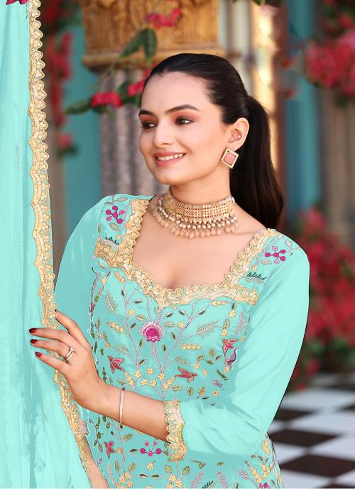 Sea Green Georgette Palazzo Skirt Suits
