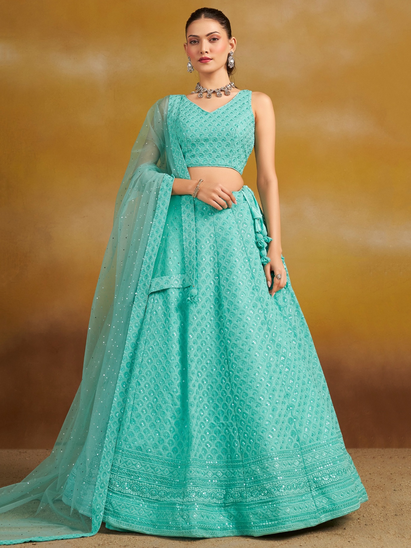 Sea Green Georgette Thread Sequins Embroidery Lehenga Choli