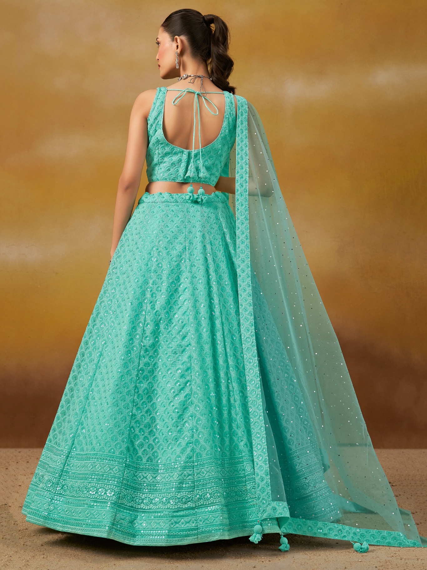 Sea Green Georgette Thread Sequins Embroidery Lehenga Choli — alternate view