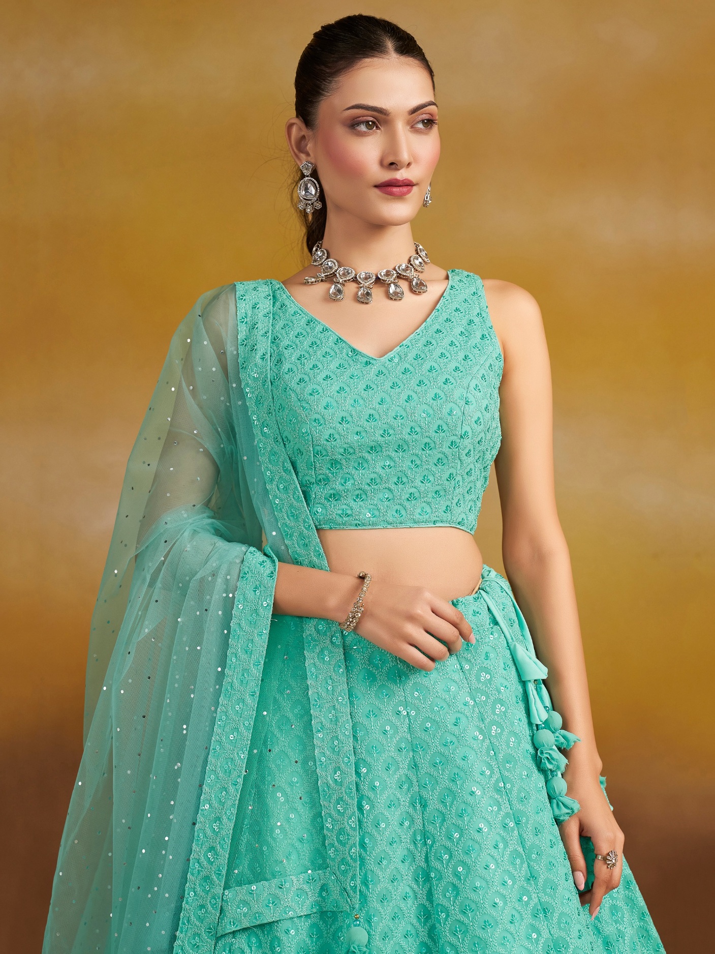 Sea Green Georgette Thread Sequins Embroidery Lehenga Choli