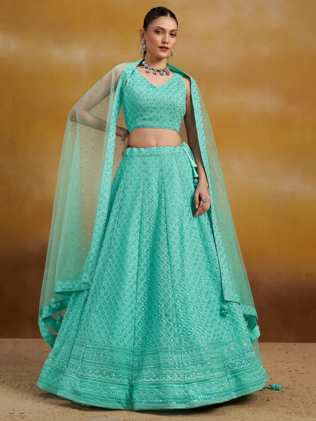 Sea Green Georgette Thread Sequins Embroidery Lehenga Choli