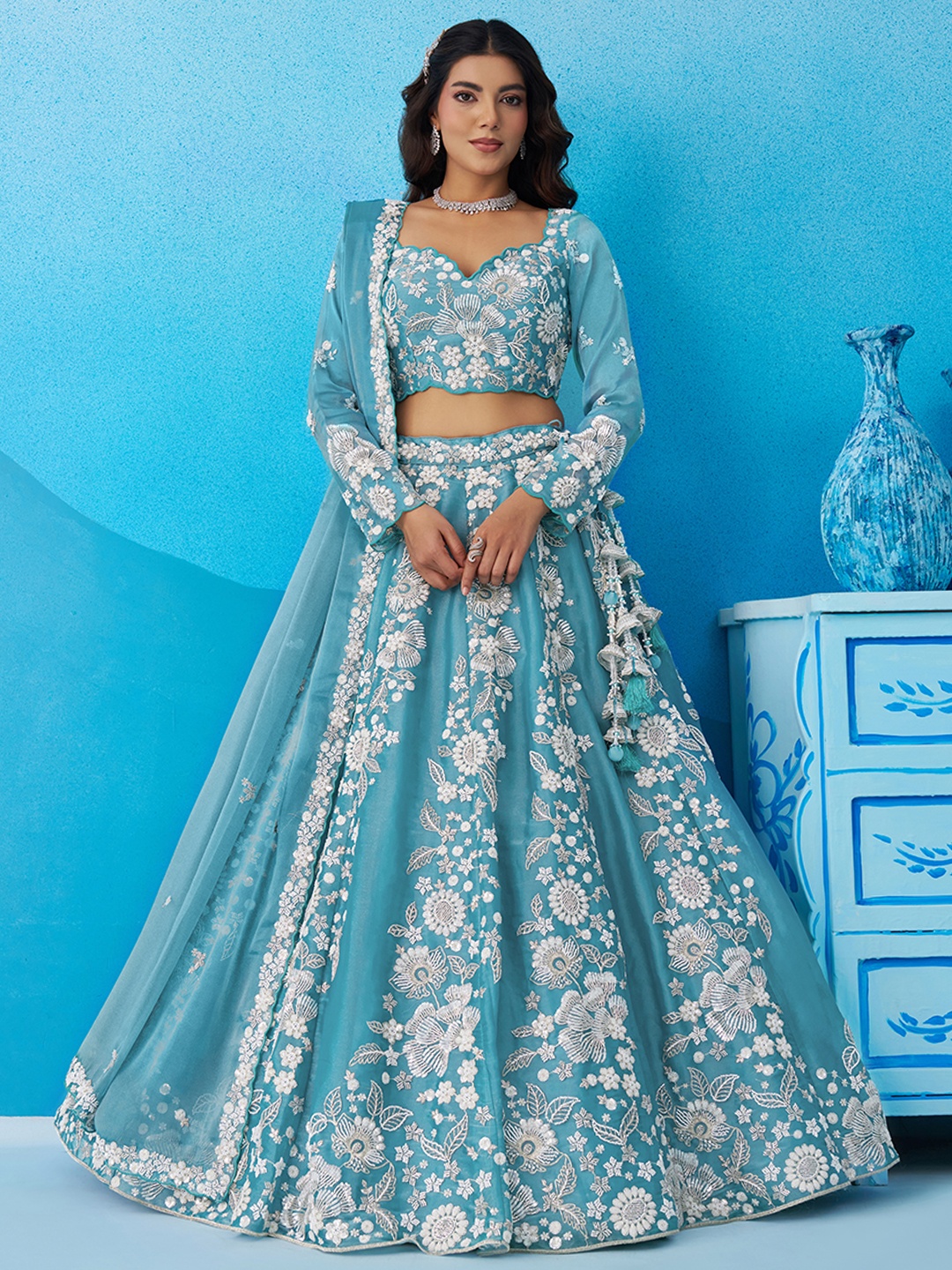 Sea Green Grand Sequins Embroidered Organza Bridal Lehenga