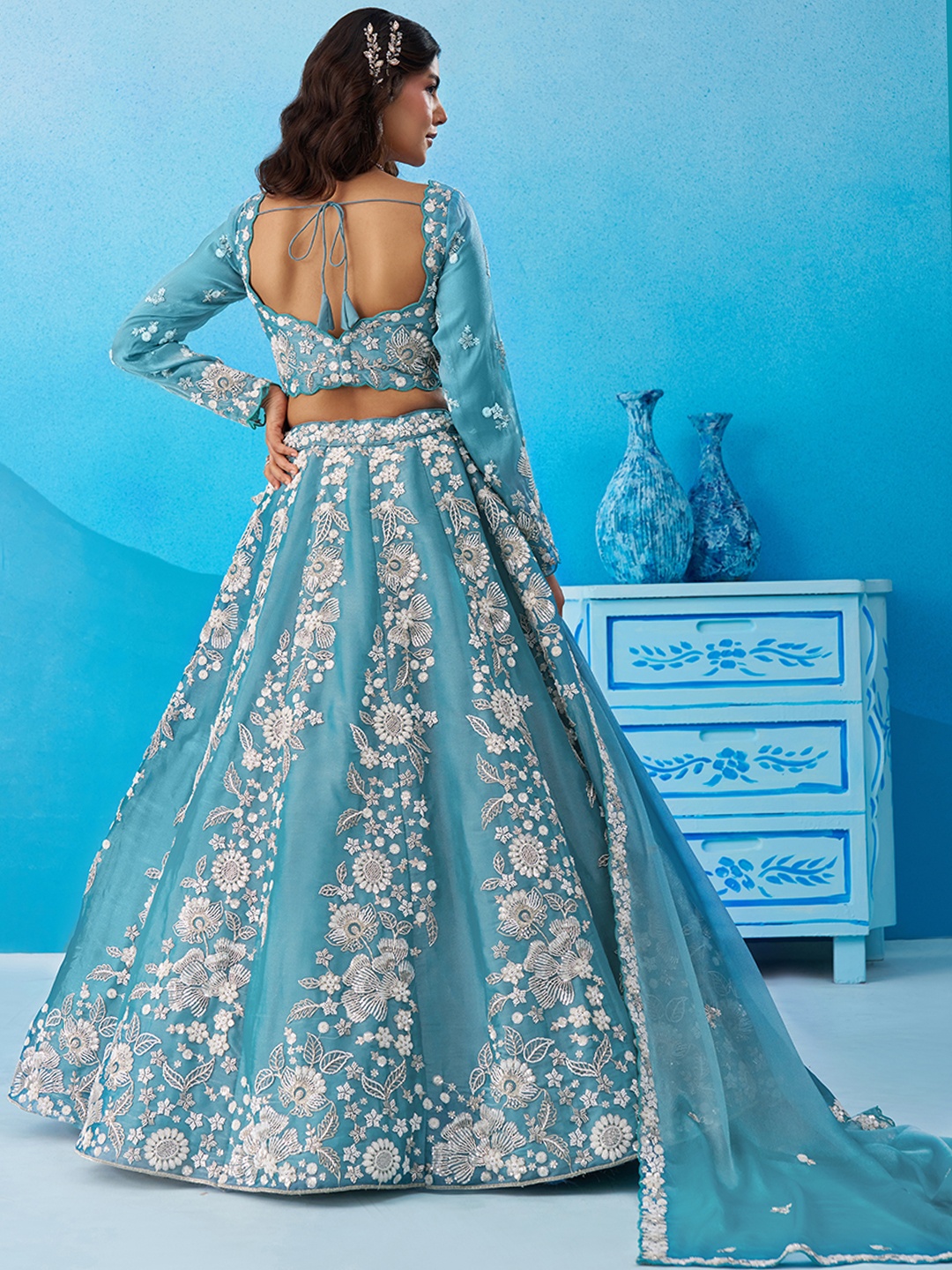 Sea Green Grand Sequins Embroidered Organza Bridal Lehenga — alternate view