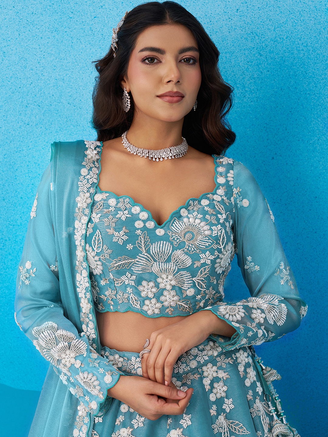 Sea Green Grand Sequins Embroidered Organza Bridal Lehenga