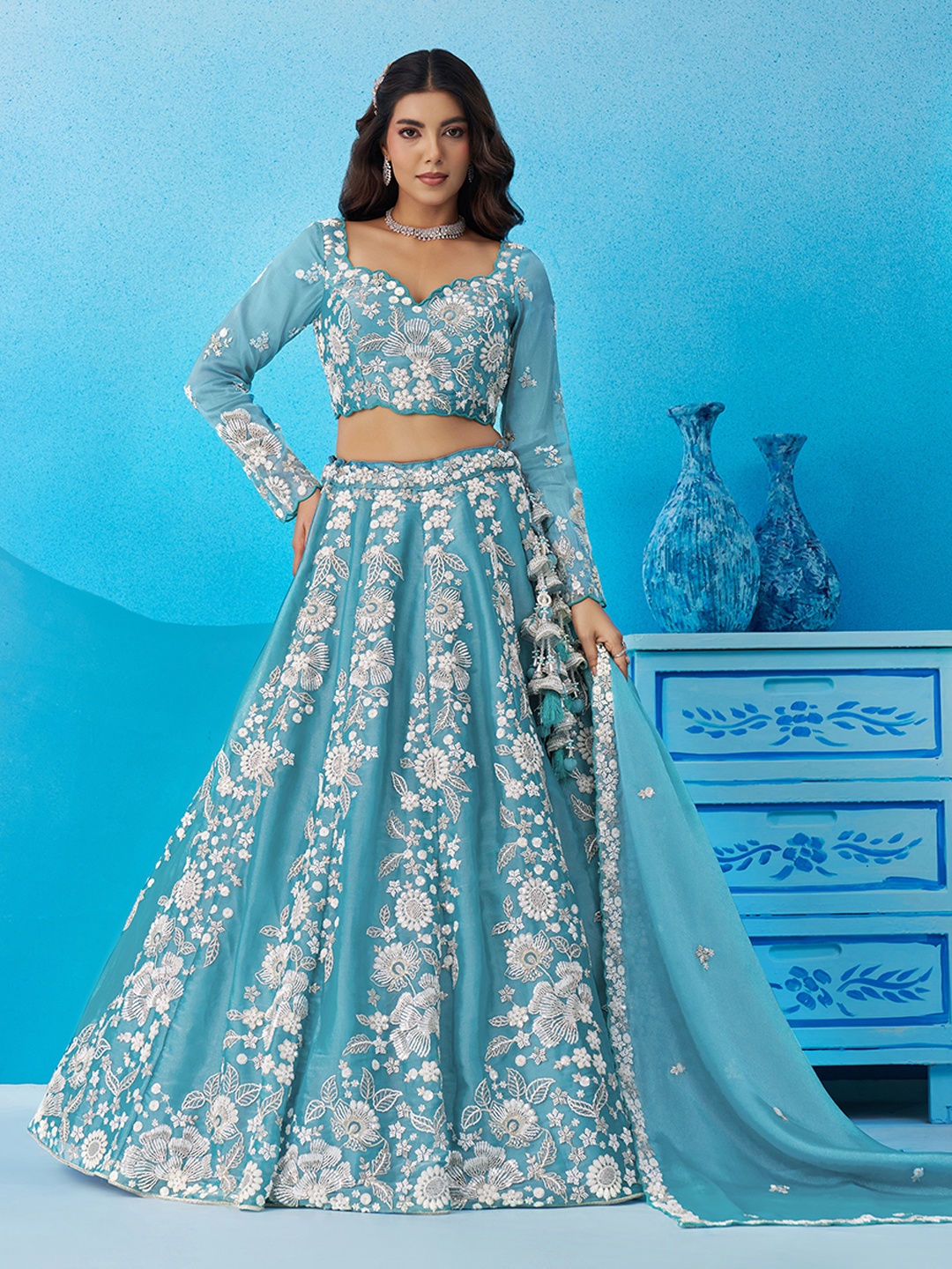 Sea Green Grand Sequins Embroidered Organza Bridal Lehenga