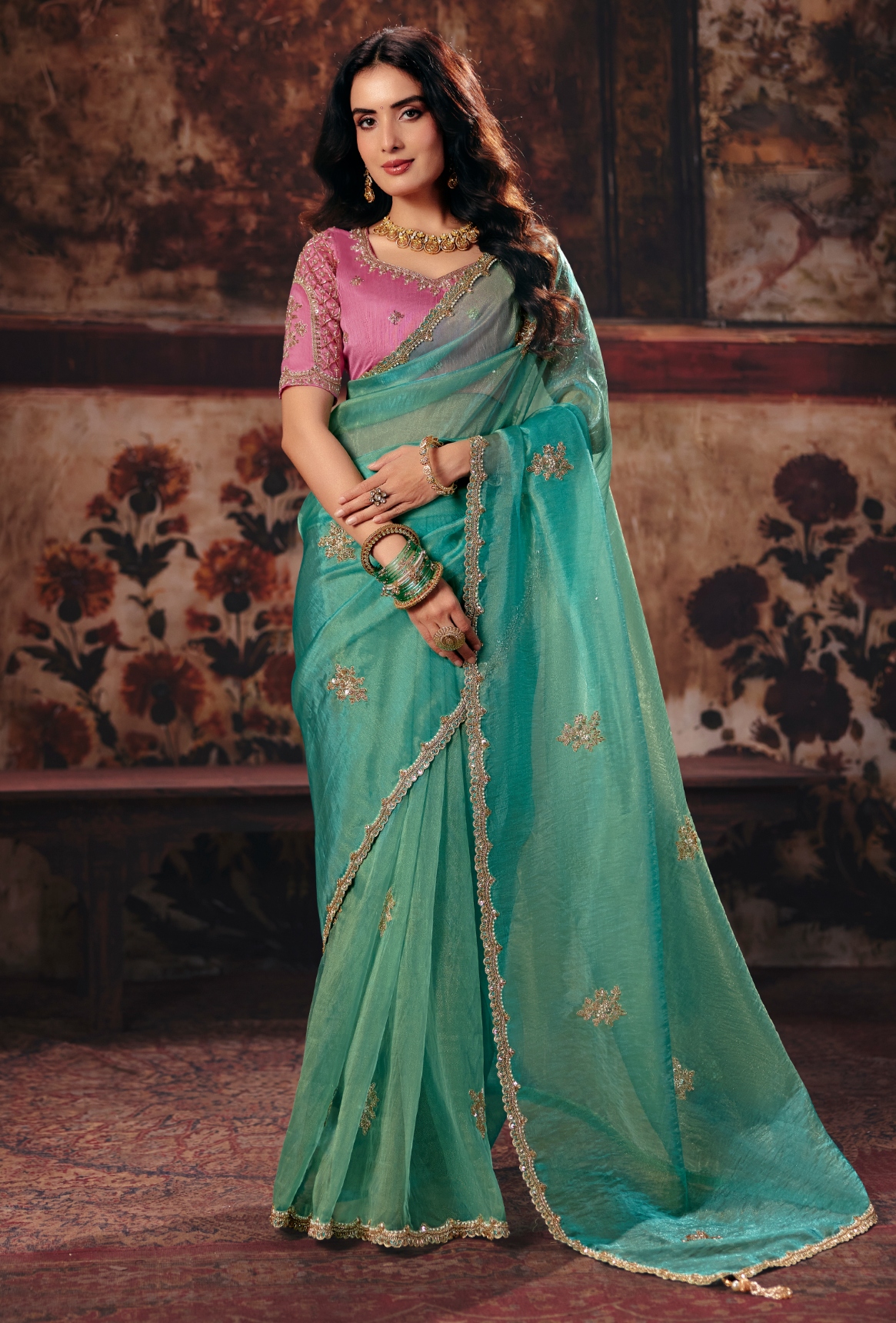 Sea Green Hand Work Organza Saree