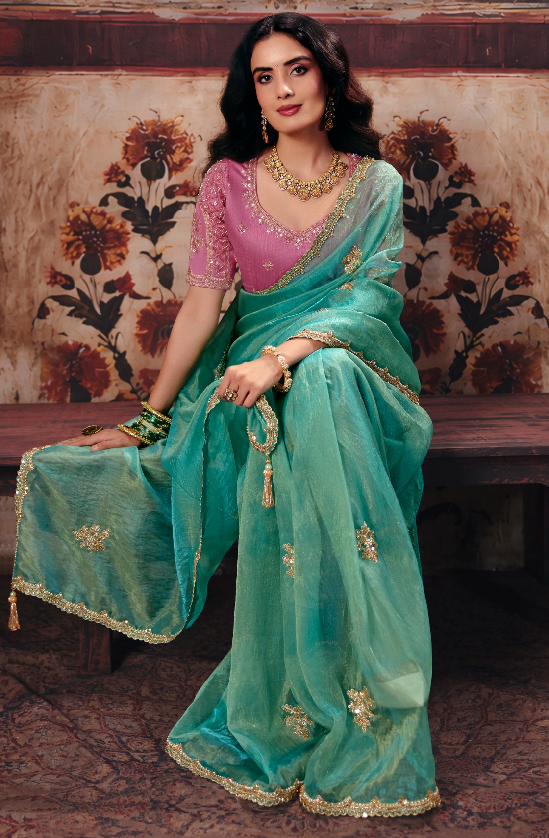 Sea Green Hand Work Organza Saree — alternate view