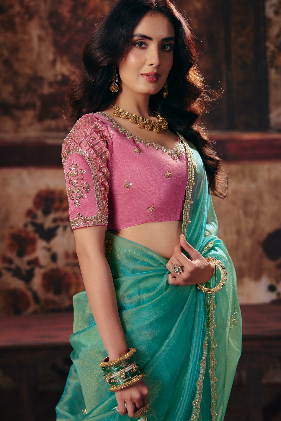 Sea Green Hand Work Organza Saree